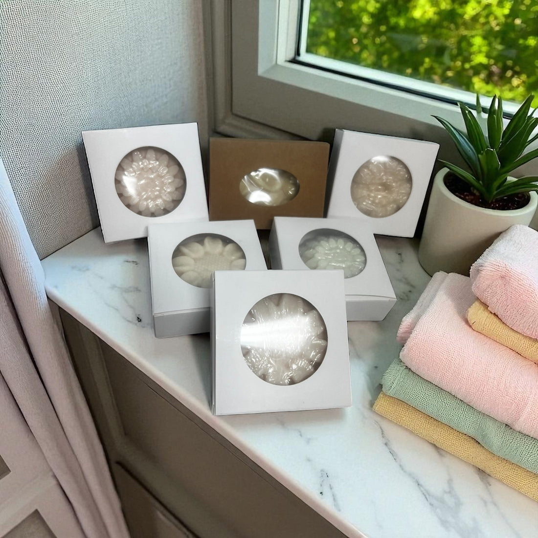 Artisanal fragrance soap collection in white and brown packaging displayed on windowsill with pastel towels and green plant