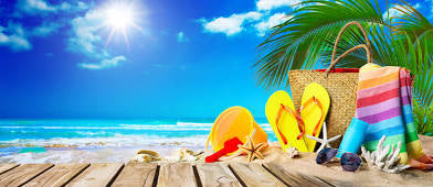 Long lasting summer fragrances collection with beach essentials like sunglasses, hat, and colorful towel under sunny sky