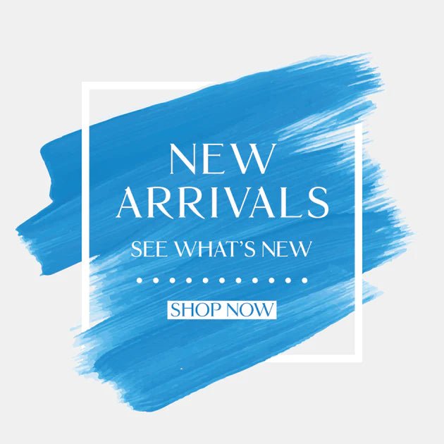 Blue brush stroke background with text promoting new fragrance arrivals and shop now button