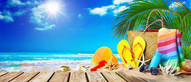 Long lasting summer fragrances collection with beach essentials like sunglasses, hat, and colorful towel under sunny sky