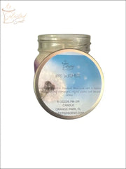 Selected Scent 8 oz glass jar candle with metal lid and 1000 Wishes blue label long lasting scented candle