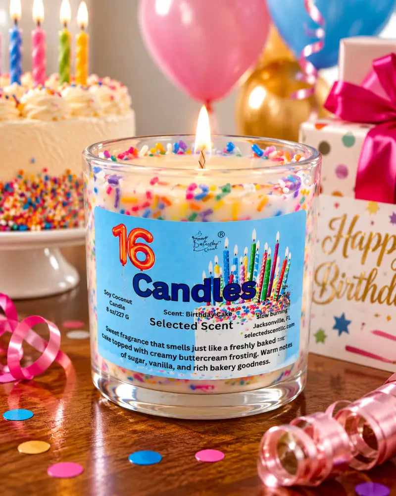 16 candles 8 ounce candle – sweet birthday cake scented by selected scent