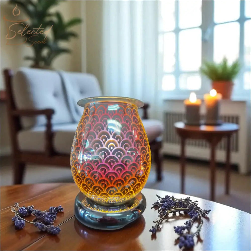 Selected Scent electric decorative warmer with colorful pattern glowing on wooden table in cozy living room