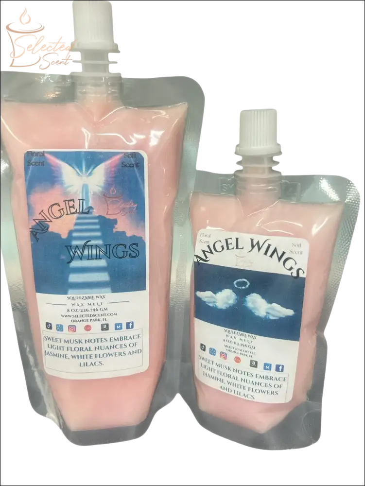 Selected Scent Angel Wings long lasting squeezable wax melts in pink resealable pouches with floral musk scent