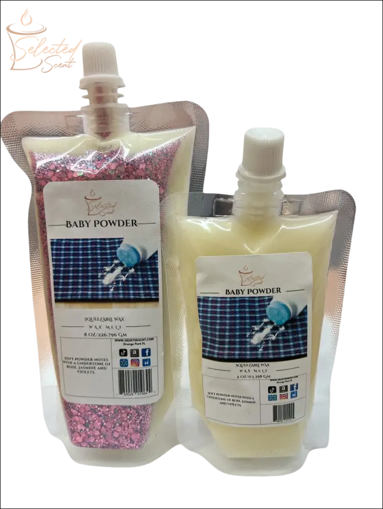 Selected Scent all natural baby powder fragrance refill pouches in two sizes with blue label design