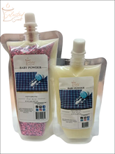 Selected Scent all natural baby powder fragrance refill pouches in two sizes with blue label design