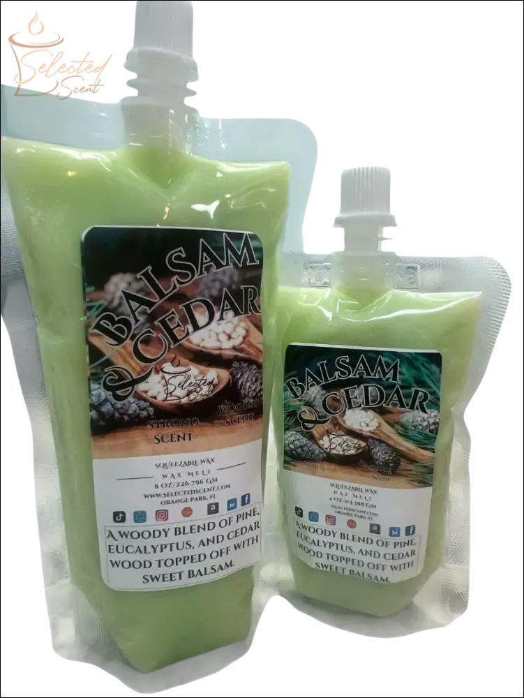 Selected Scent squeezable wax melts for home in balsam and cedar scent with woody blend packaging