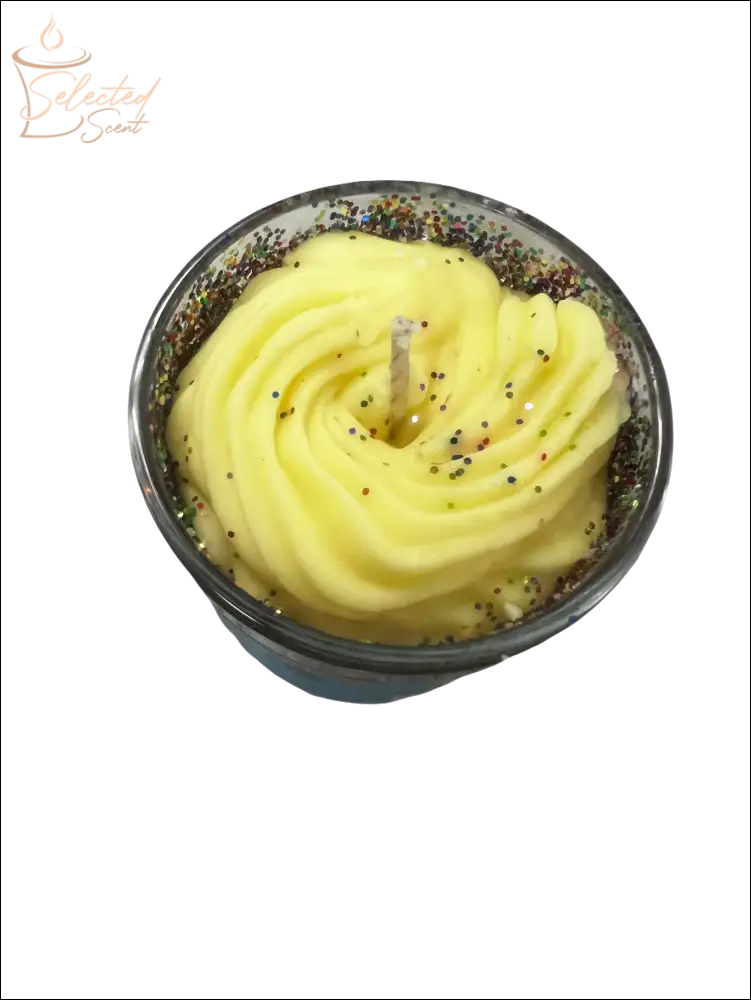 Make Your Wish scented candle by Selected Scent with yellow swirl wax and colorful glitter accents