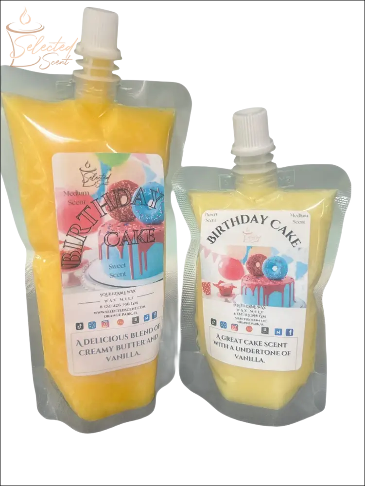 Selected Scent birthday cake wax melt in yellow refill pouches with creamy vanilla scent