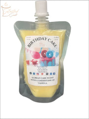 Selected Scent birthday cake wax melt in yellow pouch with vanilla undertone and cake scent