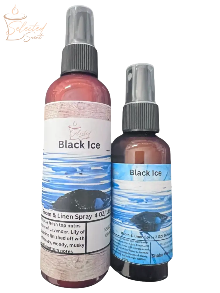 Selected Scent Black Ice woody musky home scent spray in two bottle sizes with blue label