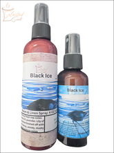 Selected Scent Black Ice woody musky home scent spray in two bottle sizes with blue label