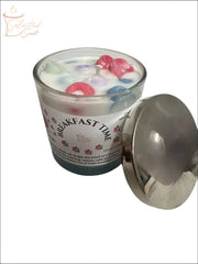 All natural breakfast candle by Selected Scent in glass jar with colorful wax pieces and metal lid
