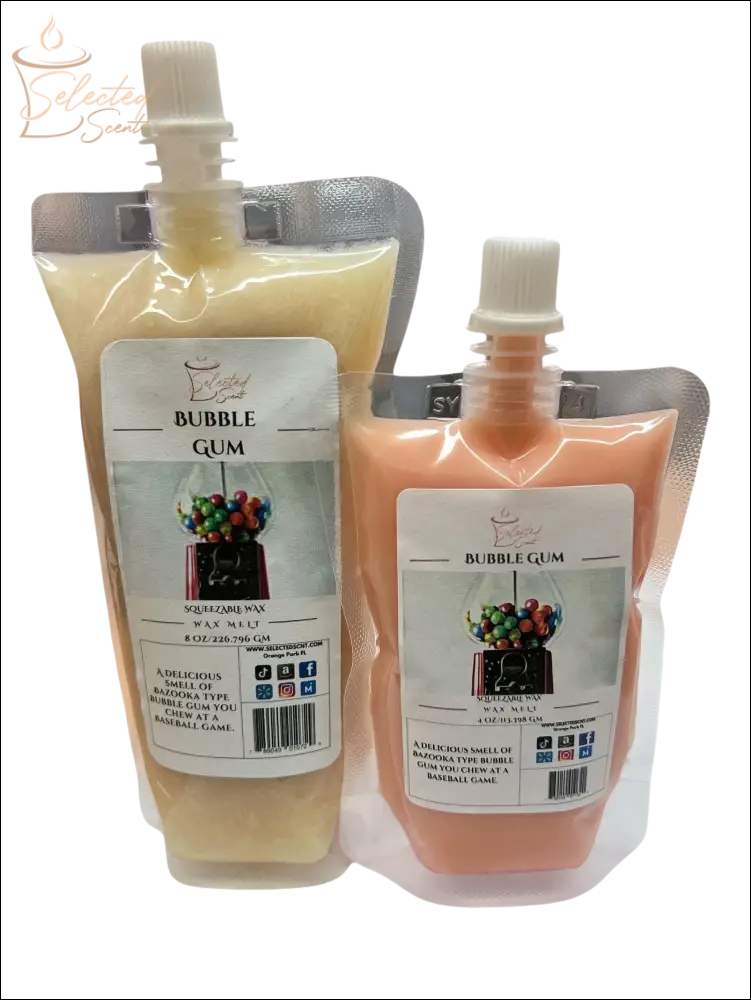 Selected Scent all-natural squeezable wax melts in bubble gum scent with resealable spout pouches