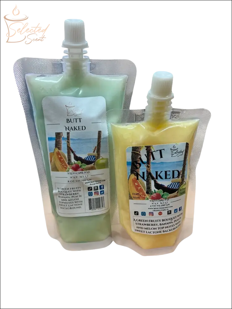 Selected Scent Butt Naked lotion pouches in green and yellow with fun with fruit theme