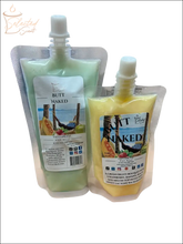 Selected Scent Butt Naked lotion pouches in green and yellow with fun with fruit theme