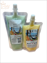 Selected Scent Butt Naked lotion pouches in green and yellow with fun with fruit theme