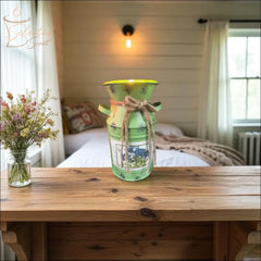Selected Scent electric decorative warmer in vintage green placed on wooden table in cozy bedroom