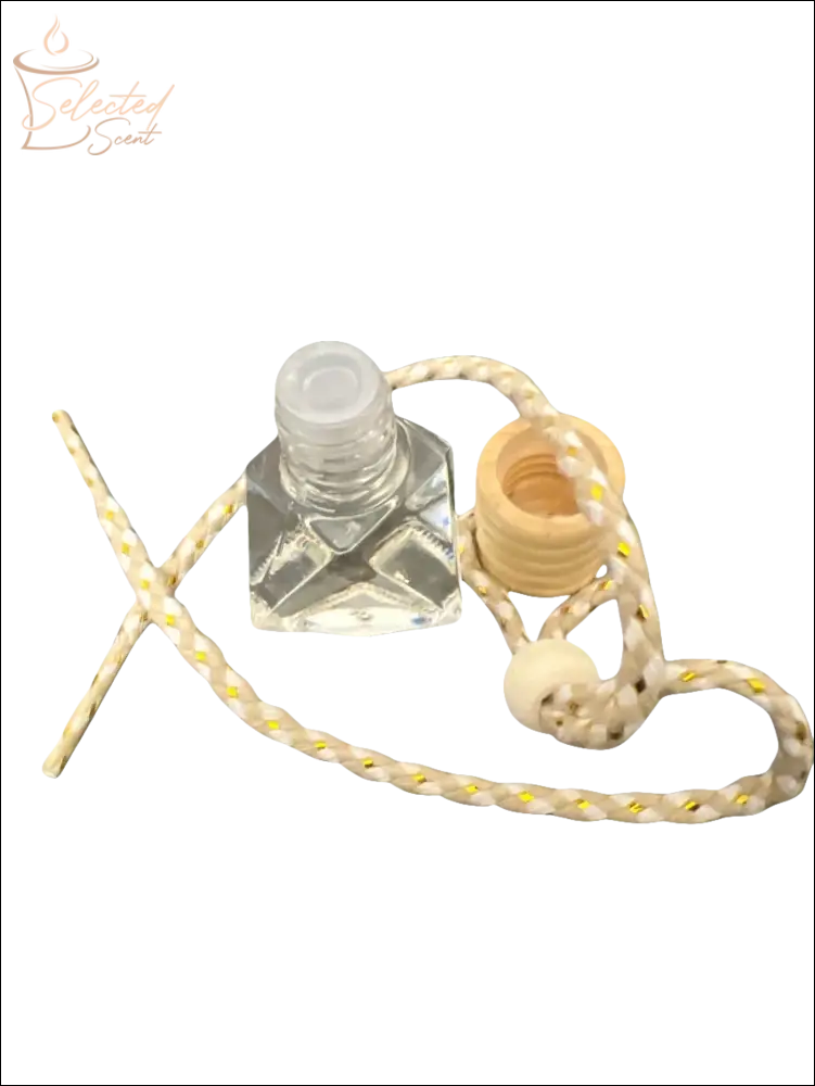 Selected Scent long lasting car air freshener with clear bottle and braided hanging string