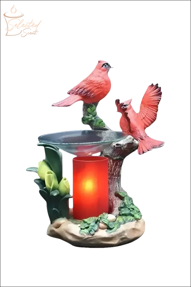 Selected Scent cardinals oil warmer with two red cardinal birds and a glowing candle holder