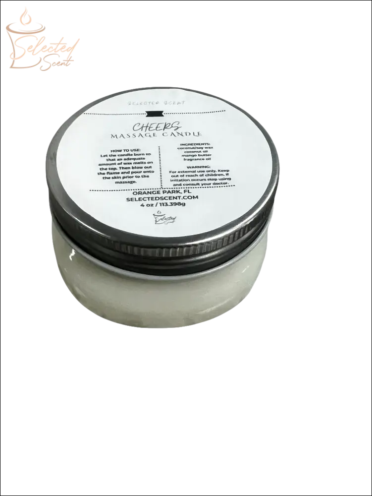 Selected Scent massage candle in glass jar with metal lid with mango butter for skin hydration