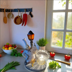 Selected Scent Electric Decorative Warmer shaped like a street lamp and chef on a kitchen counter with fresh vegetables