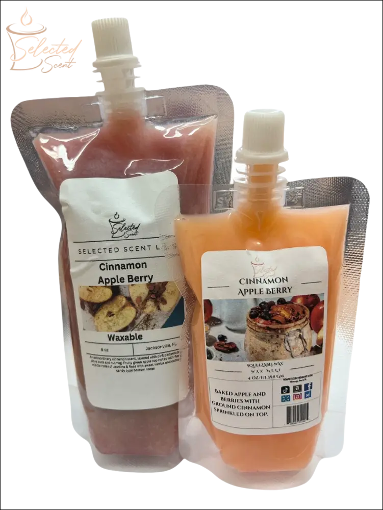 Selected Scent Cinnamon Apple Berry long lasting wax melts in resealable pouches with fruit and spice scent