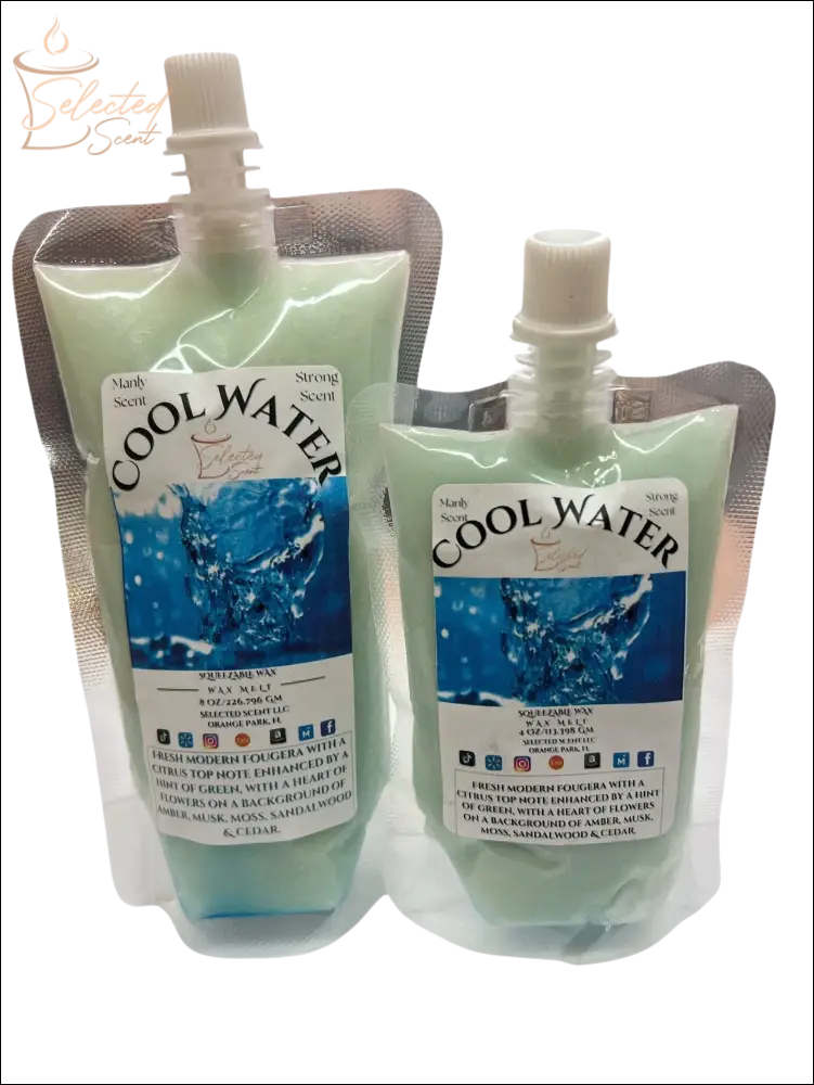 Selected Scent cool water squeezable wax melts for home in resealable pouches with strong scent