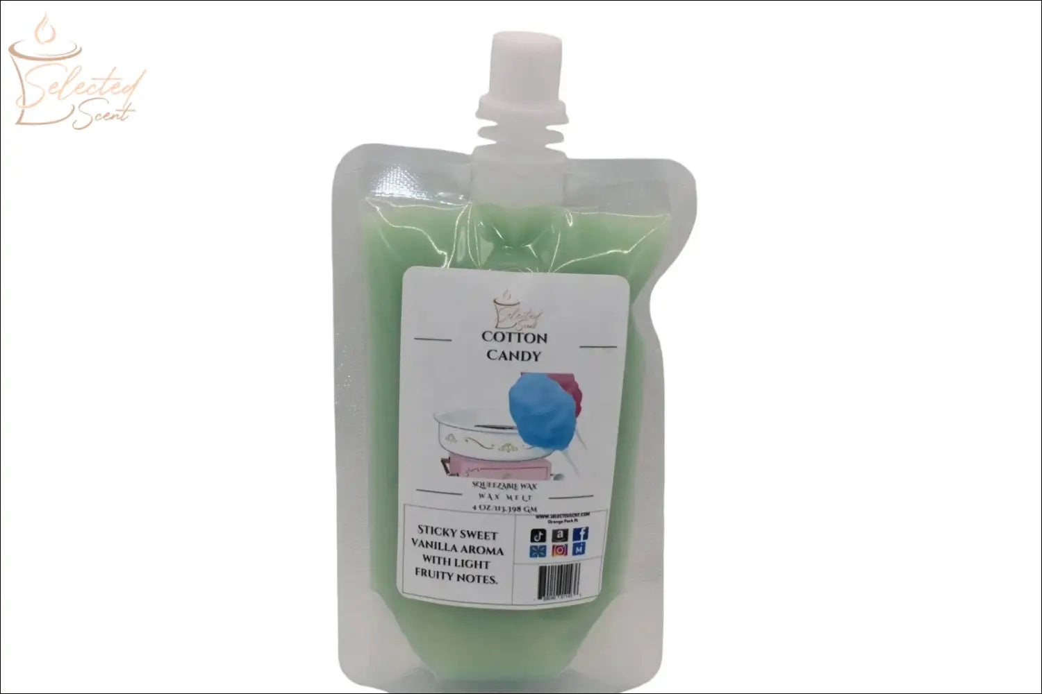 Selected Scent cotton candy squeezable wax melt in a green resealable pouch with blue cotton candy image