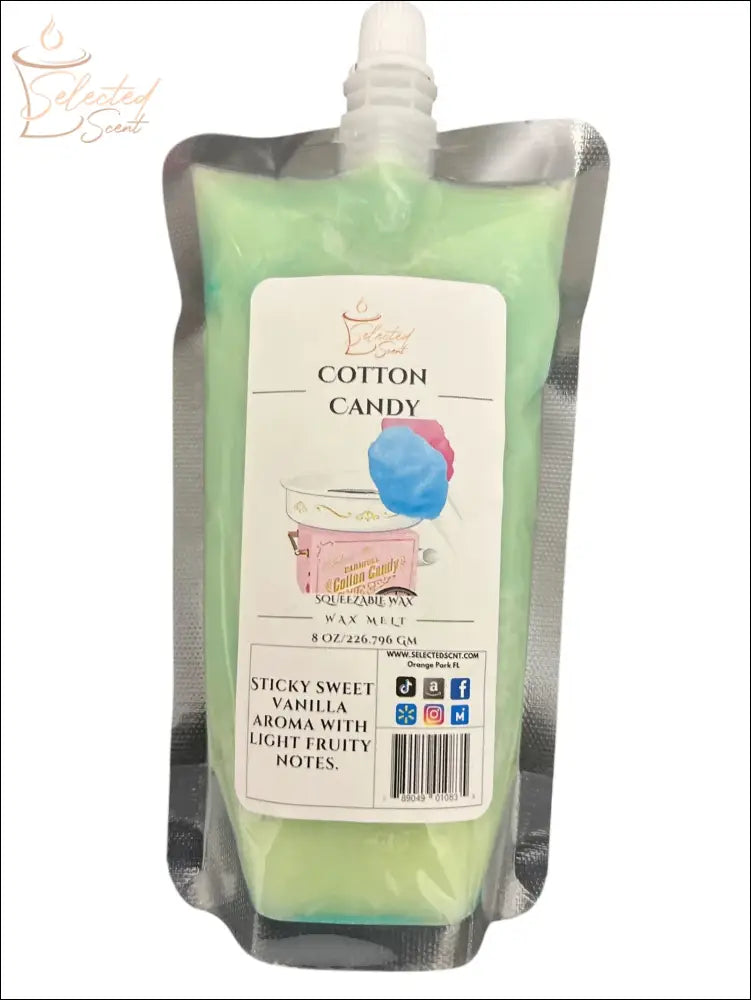 Selected Scent cotton candy squeezable wax melt with vanilla aroma and fruity notes in green pouch