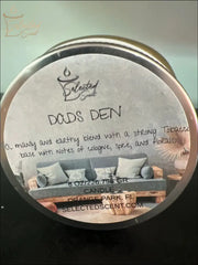 Selected Scent all natural masculine candle labeled Dads Den with earthy tobacco and floral notes