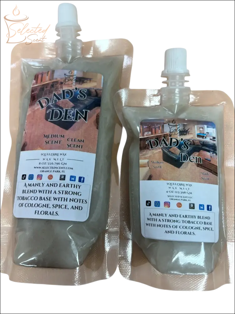 Selected Scent Dad's Den long lasting wax melts for home with strong tobacco and earthy blend
