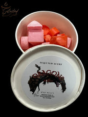 Selected Scent container of dragons blood wax melts pink and red cube and heart shapes for home fragrance