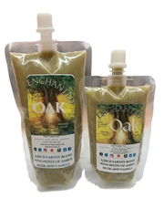 Selected Scent Enchanted Oak squeezable wax melt with amber musk and vanilla scent in two pouch sizes