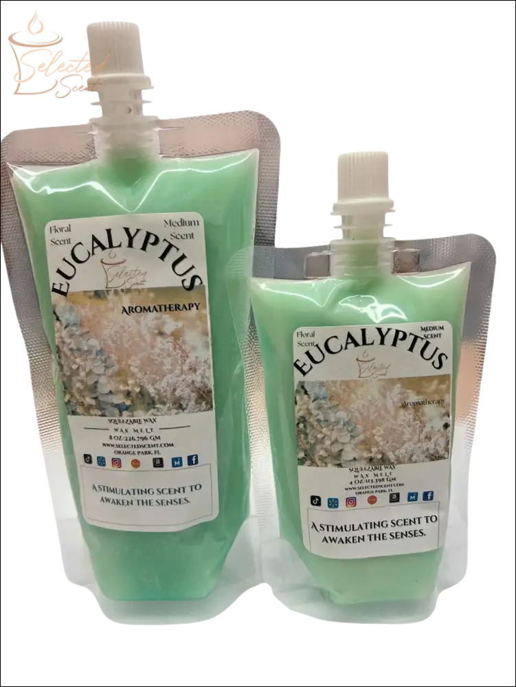 Selected Scent eucalyptus squeezable wax melt in green refill pouches with aromatherapy and floral scent