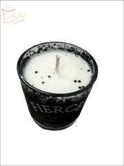 Selected Scent candle with Reflecting Flame Crystalized Design black speckled glass and white wax