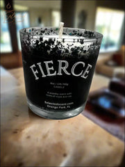 Selected Scent Fierce candle in a glass jar with Reflecting Flame Crystalized Design black and silver speckled pattern