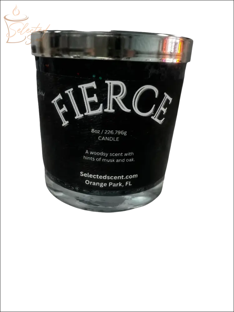 Selected Scent Fierce candle with Reflecting Flame Crystalized Design and woodsy musk and oak scent