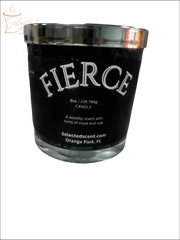 Selected Scent Fierce candle with Reflecting Flame Crystalized Design and woodsy musk and oak scent