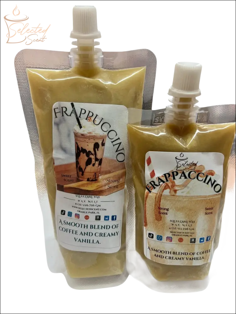 Selected Scent coffee scented wax melt in squeezable pouches with frappuccino design and creamy vanilla blend