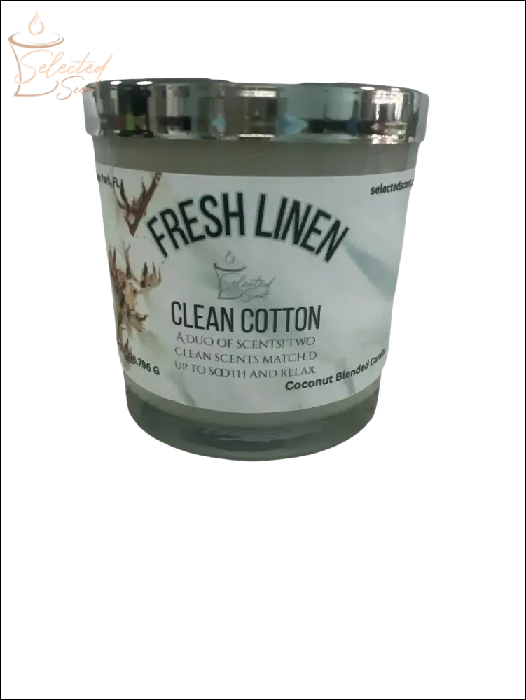Selected Scent Fresh Linen Clean Cotton candle with Duo Clean Scented fragrance in glass jar