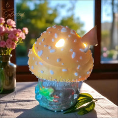 Selected Scent frog and mushroom wax warmer glowing on a table with flowers in the background