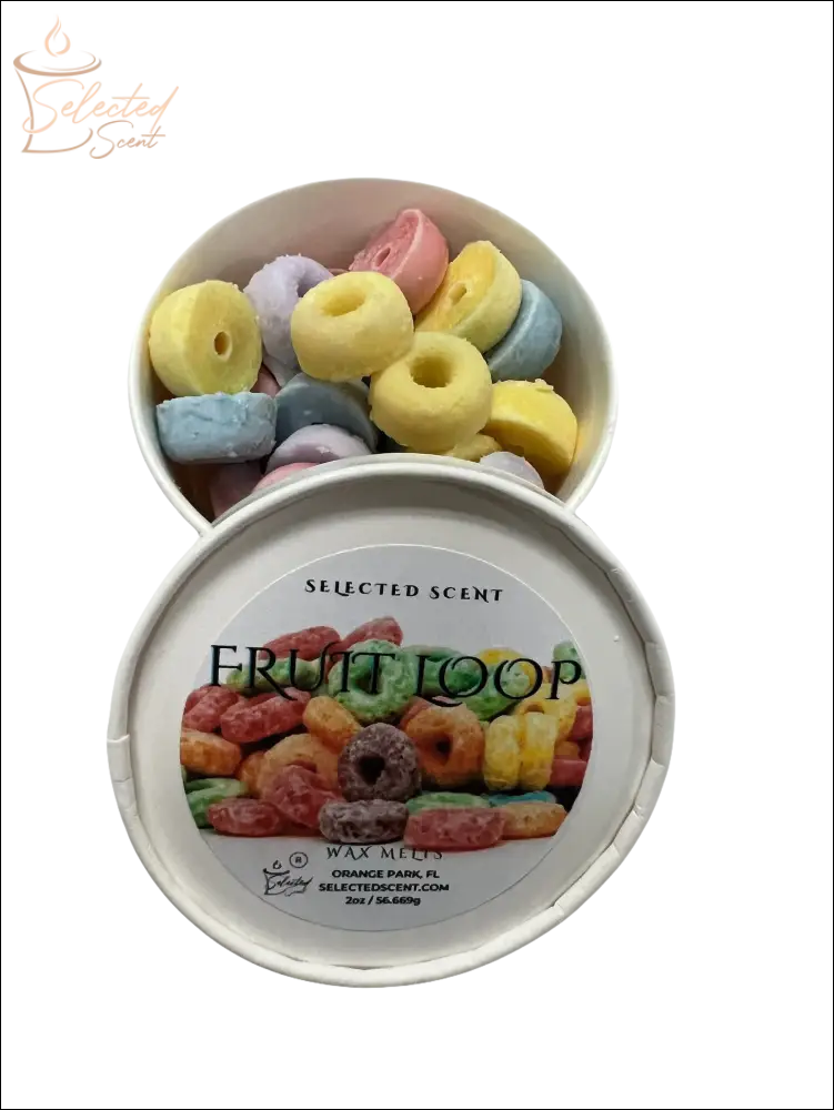 Selected Scent Fruitti Loop cereal scented wax melts in colorful ring shapes in a white container