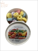 Selected Scent Fruitti Loop cereal scented wax melts in colorful ring shapes in a white container