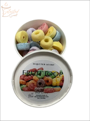 Selected Scent Fruitti Loop cereal scented wax melts in colorful ring shapes in a white container