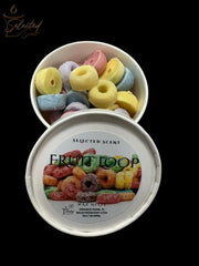 Selected Scent cereal scented wax melts shaped like colorful cereal loops in a white container
