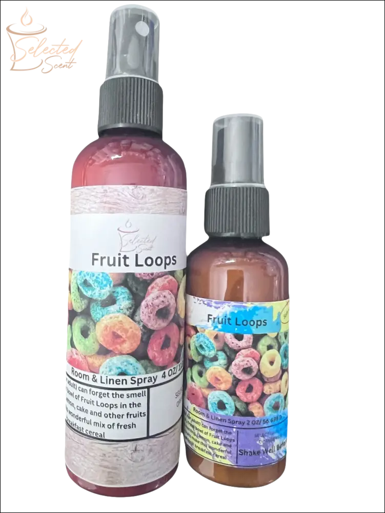 Selected Scent Fruit Loops long lasting linen spray bottles with colorful cereal design on labels