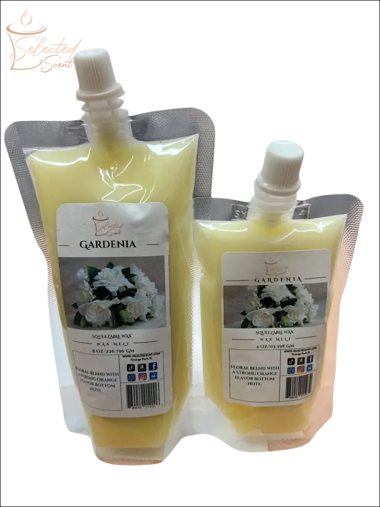 Selected Scent gardenia squeezable wax melt two pack with floral fragrance in yellow pouches