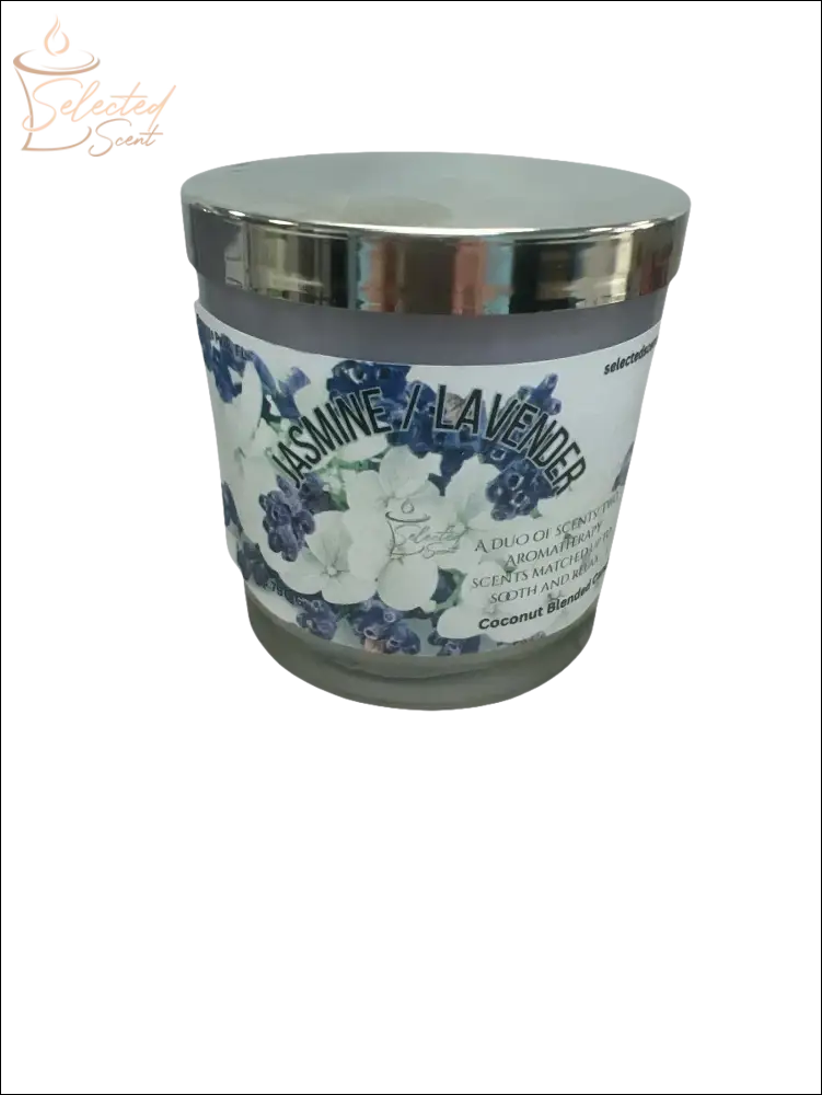 Selected Scent Jasmine Lavender Duo Scented Aromatherapy candle with floral design and silver lid