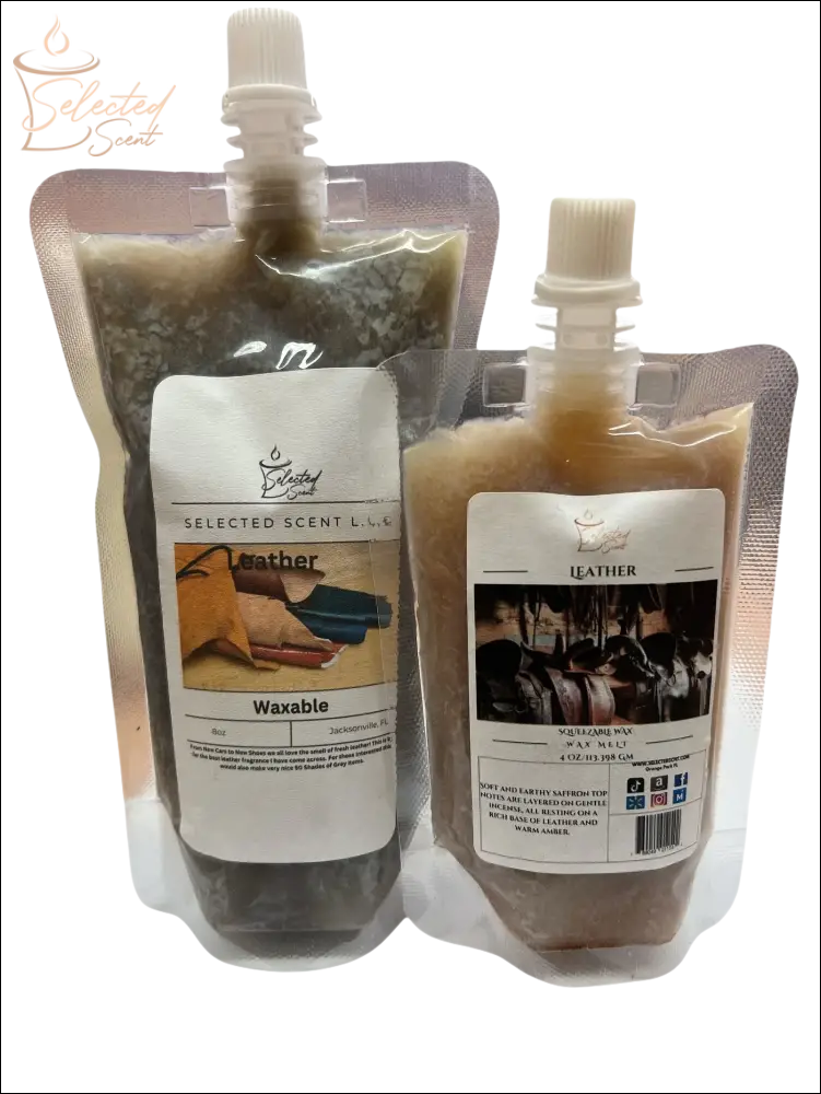 Selected Scent all natural wax melts in refill pouches with leather fragrance scent